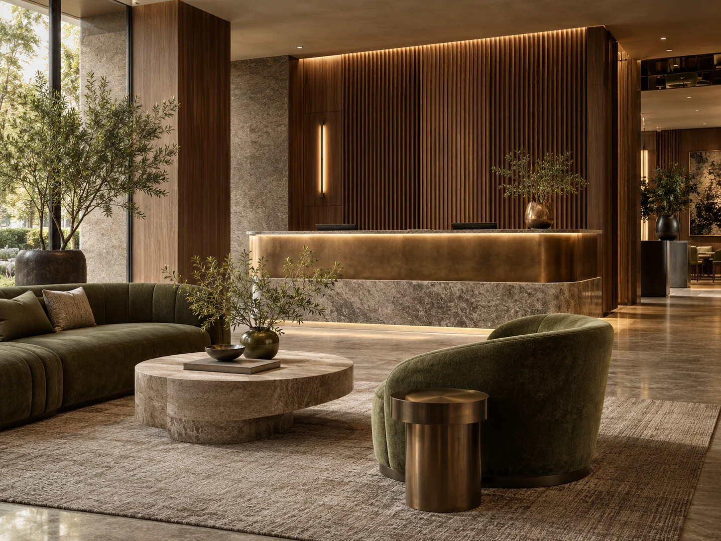Commercial lounge with walnut joinery and olive green upholstery