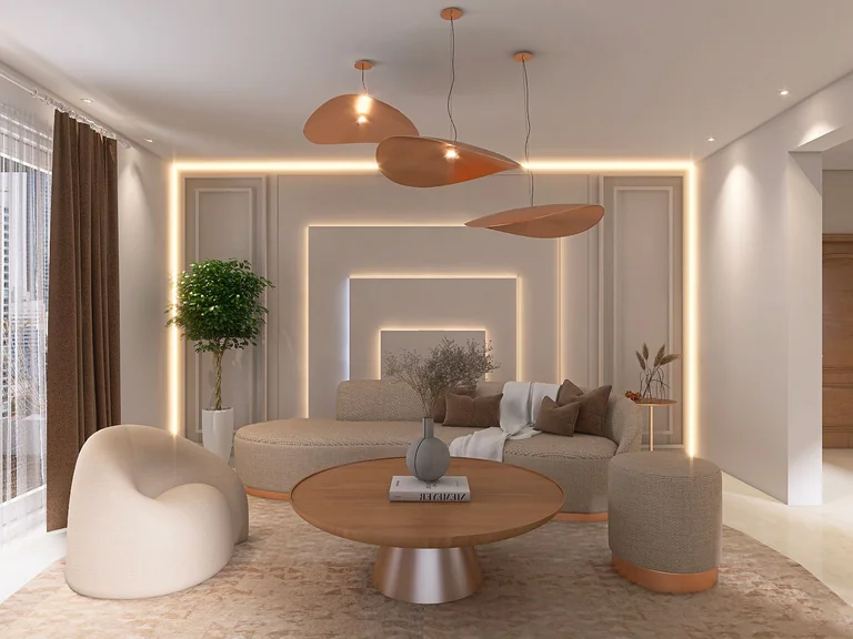 Neutral living room with curved seating, a round wooden coffee table and sculptural pendant lights