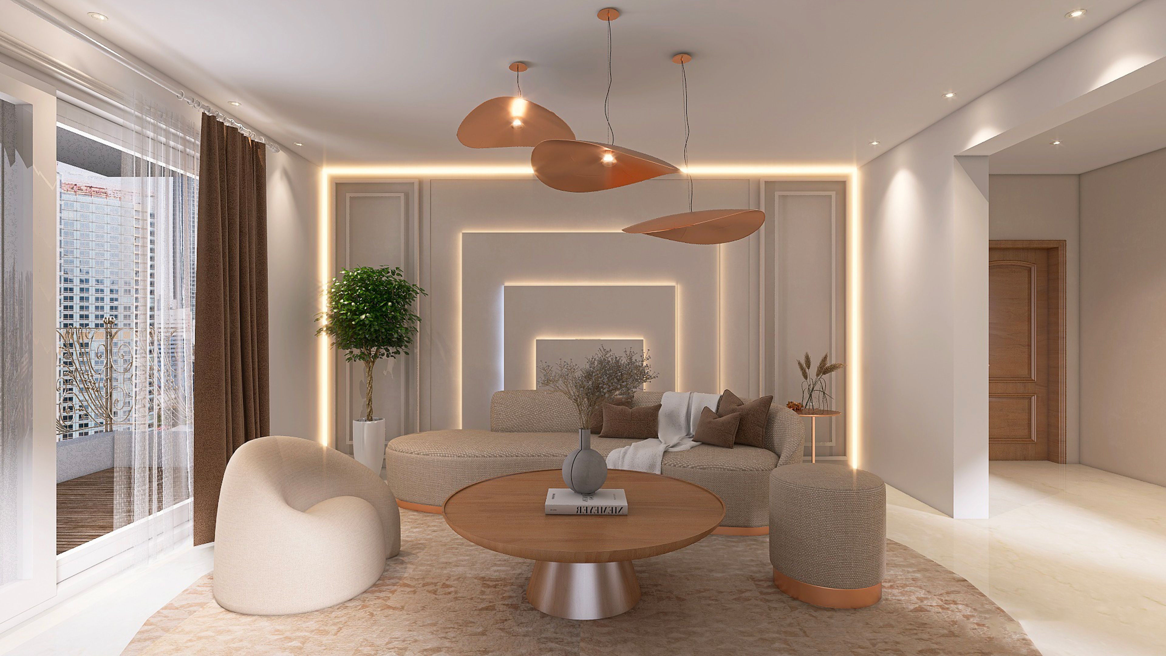 Neutral living room with curved seating, a round wooden coffee table and sculptural pendant lights