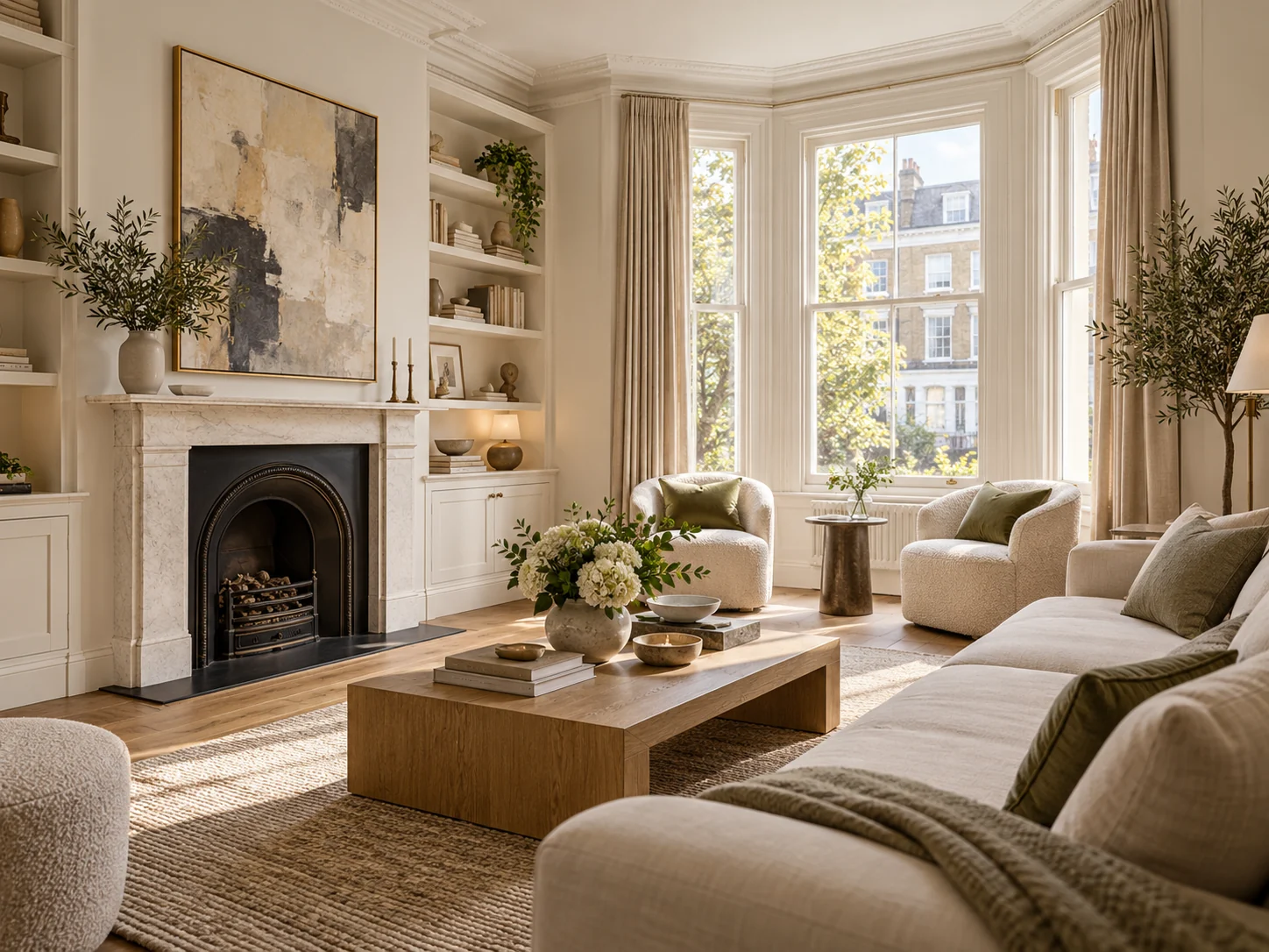 Staged apartment living room with neutral furnishings and flowers
